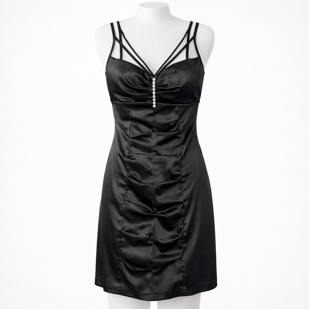 Beata Studio Y2K Mini Dress Sz 10 Black Strappy Luxe Ruched Party Shiny Cocktail